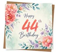 44th Birthday Card, Watercolour Peonies and Lilac Sprigs | Features the bold wording “Happy 44th Birthday” framed by soft watercolour peonies, leafy stems and lilac sprigs.