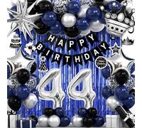 44th Birthday Decorations for Men and Women, Black Blue Silver Happy Birthday Number 44 Balloons, Banner, Fringe Curtains Garland Kit - 44 Year Old Party Supplies