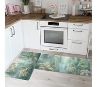 44x75cm+44x120cm Kitchen Rug Mat Set of 2, Wildflowers In The Misty Forest Kitchen Mats Non Slip Washable Non Slip Runners, Natural Tranquility Indoor Floor Carpets - Pastel Color
