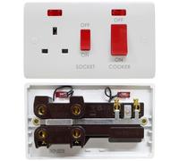 45 Amp Double Pole Cooker Switch with Socket White - Power Indicators and Red Rockers