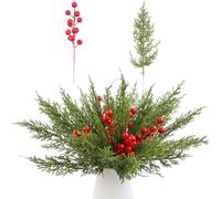 45 Pcs Artificial Norfolk Pine Sprigs with 15 Red Berries - 12.6 Inch Evergreen Xsmas Norfolk Pine Sprigs - Fake Greenery Foliage Pi ne Needles Picks for for DIY Wreaths Crafts Xmas Home Decor (Type1)