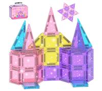 45 Pcs Mini Magnetic Tiles Travel Set, Magnetic Travel Games for Kids with Glitter & Carry Handle, Magnet Building Tiles & Storage Tin, Travel Toys for 3 4 5 6 Year Old Boys and Girls