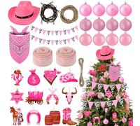 45 Pcs Pink Western Christmas Ornaments, Wooden Cowboy Hanging Decor with Cowgirl Hat Boots Christmas Balls and Fake Rusted Barbed Wire for Xmas Tree Western Theme Party Farmhouse Home Decor