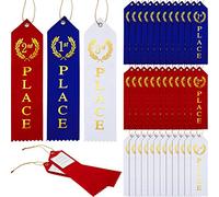 45 Pieces Award Ribbons 1st, 2nd, 3rd Place Flat Carded Set First Place Prizes with Event Card and Rope for Competition, Sports Event, School, Contests, Blue Red White