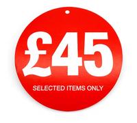 £45 Round Hanger Sale Tags 100mm Red “Selected Items Only” Retail Clothing Hanger Tickets Only, Durable Card Promotional Tags for Coat Hangers & Display Hooks, No String, Pack of 1000