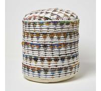 Chindi Pattern Woven Bean Filled Pouffe Circular Homescapes Cream One Size