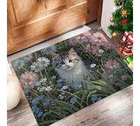 45 x 75 cm Door Mat - Cute Cat Wildflower Garden Machine Washable Mat Soft Non Slip Doormat Indoor Outdoor Water Absorbent Floor Mats Heavy Duty Entrance Rug, Grass Green