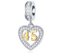 45 Years Old Anniversary Charms fit Pandora Christmas Bracelet, 18K Golden Number 45 Dangle, 925 Sterling Silver 45th Birthday Heart Pendant Beads with CZ, Gifts for BFF/Bridal/Aunt/Niece