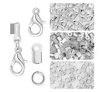 450 Piece Jewelry Making Accessories Kit Include 200 Fold Over Cord End Caps Crimp End Tips 200 Jump Ring Connectors and 50 Lobster Claw Clasps for Jewelry Making and Bracelets (Silver)