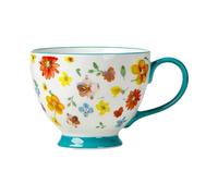 450ml/15oz Creative American Hand-Painted Ceramic Mug Microwave Oven Can Use Large Capacity Breakfast Milk Cereal Cup-Blue Border Fragmented Flowers