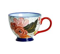 450ml/15oz Creative American Hand-Painted Ceramic Mug Microwave Oven Can Use Large Capacity Breakfast Milk Cereal Cup-Light Blue Hundred Flowers