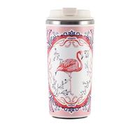 450ml Insulated Travel Coffee Mug, Ceramic-Lined Stainless-Steel Reusable Cup, Anti-Tip Suction Base, Dual-Drink Leakproof Lid, British-Style Animal Print Tumbler for Home Work Commute，Flamingo
