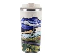 450ml Insulated Travel Coffee Mug, Ceramic-Lined Stainless-Steel Reusable Cup, Anti-Tip Suction Base, Dual-Drink Leakproof Lid, British-Style Animal Print Tumbler for Home Work Commute，Mountain
