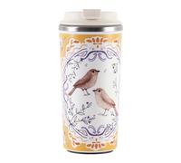 450ml Insulated Travel Coffee Mug, Ceramic-Lined Stainless-Steel Reusable Cup, Anti-Tip Suction Base, Dual-Drink Leakproof Lid, British-Style Animal Print Tumbler for Home Work Commute，Bird