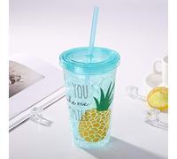 450ml Plastic Cups Double Wall Glass with Straw and Lid BPA Free Transparent Ice Cold Drinks Tumbler Portable for Indoor Outdoor Use (Blue Pineapple)