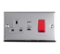 45A DP Oven Cooker Switch & Single 13A Switched Power Socket CHROME & GREY Trim - Decorative Double Pole Appliance Wall Plate