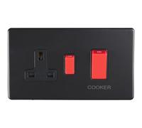 45A DP Oven Cooker Switch & Single 13A Switched Socket SCREWLESS MATT BLACK - Decorative Double Pole Appliance Wall Plate