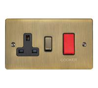 45A DP Oven/Cooker Switch & Neon Light - POLISHED ANTIQUE BRASS & Black Trim - 45 Amp Double Pole - Decorative Wall Plate & Red Rocker - On/Off Mains Appliance/Boiler Power Switch