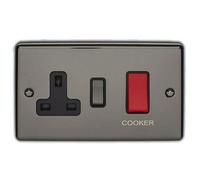 45A DP Oven/Cooker Switch & Neon Light - POLISHED BLACK NICKEL & Black Trim - 45 Amp Double Pole - Decorative Wall Plate & Red Rocker - On/Off Mains Appliance/Boiler Power Switch