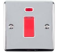 45A DP Oven/Cooker Switch & Neon Light - POLISHED CHROME & Grey Trim - 45 Amp Double Pole - Decorative Wall Plate & Red Rocker - On/Off Mains Appliance/Boiler Power Switch