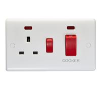45A DP Oven Switch & Single 13A Switched Power Socket & Neon WHITE Cooker Wall
