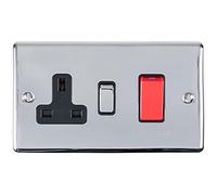 45A DP Oven Switch & Single 13A Switched Power Socket - POLISHED CHROME & Black Trim - 45 Amp Double Pole - Decorative Wall Plate & Solid Metal Rocker - On/Off Mains Appliance/Boiler