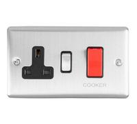 45A Dp Oven Switch & Single 13A Switched Power Socket Satin Steel & Black Trim