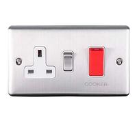 45A DP Oven Switch & Single 13A Switched Power Socket - SATIN STEEL & Grey Trim - 45 Amp Double Pole - Decorative Wall Plate & Solid Metal Rocker - On/Off Mains Appliance/Boiler