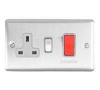 45A DP Oven Switch & Single 13A Switched Power Socket - SATIN STEEL & Grey Trim - 45 Amp Double Pole - Decorative Wall Plate & Solid Metal Rocker - On/Off Mains Appliance/Boiler