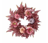 45cm/50cm Artificial Autumn Wreath with Pumpkins & Pink Peonies, Fall Maple Leaf Front Door Hanging Garland for Thanksgiving Halloween Farmhouse Home Decor (45cm,Red)