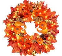 45CM Artificial Autumn Wreath with LED Light and Hanger, Fall Wreath with Maple Leaf Harvest Pumpkins Pine Cone Wreath Decorations for Halloween Wreath Outdoor for Home Bedroom Wall Party and Thanksgi