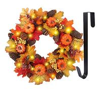 45CM Artificial Maple Autumn Wreath with LED Light and Hanger,Sunflower Fall Wreath with Leaves, Berries, Bow-knot, and Pumpkin Harvest Autumn Front Door Wreath for Halloween Thanksgiving Decoration