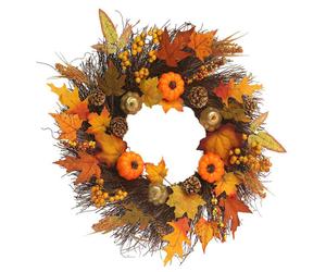 45cm Artificial Maple Leaf Pumpkin Berry Rattan Wreath with 2m Light String