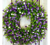 45cm Door Wreath,Spring Summer Wildflower Wreath Decorative Garland for Front Door Outdoor,Large Artificial Eucalyptus Wreaths With Flowers for Farmhouse Home Garden Party Wedding Decor (Purple)