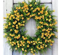 45cm Door Wreath,Spring Summer Wildflower Wreath Decorative Garland for Front Door Outdoor,Large Artificial Eucalyptus Wreaths With Flowers for Farmhouse Home Garden Party Wedding Decor (Yellow)