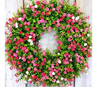 45cm Door Wreath,Spring Summer Wildflower Wreath Decorative Garland for Front Door Outdoor,Large Artificial Eucalyptus Wreaths With Flowers for Farmhouse Home Garden Party Wedding Decor (Pink)