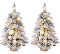45CM Light Up Christmas Tree Snow Flocked - Mini Tabletop Pre-Lit Christmas Tree with LED Lights Wood Base Christmas Pine Tree for Home Office Bar Table Desk Christmas Party Decor (2 Pack)