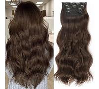 45cm Long Wavy Dark Brown Hair Extensions, 4PCS Clip in Synthetic Hairpieces for Women, Thick Natural Soft Curly Waves, Full Head Set, Ideal for Everyday Styling (Dark brown)