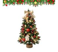 45cm Mini Christmas Tree, Pre Lit Small Christmas Tree with Lights, Artificial Small Xmas Tree with Baubles and log cabin,Perfect for Xmas Decorations, Home, Kitchen, Dining,Office (red+gold)