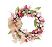 45cm Pink White Artificial Wreath for Front Door Spring Flora Faux Flower Wreath for Home Wedding Esater Day Green Leaf and Bow Home Decor (1pc)