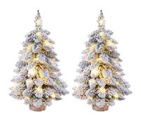 45CM Pre-Lit Christmas Tree Snow Flocked - Mini Tabletop Christmas Tree with LED Lights Wood Base Christmas Pine Tree for Home Office Bar Table Desk Christmas Party Decor (2 Pack)