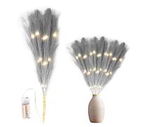 45cm Prelit Grey Pampas Grass Stem, Warm White LEDs Battery-Operated Christmas Artificial Flowers for Boho Wedding Bedroom Living Room Decorations