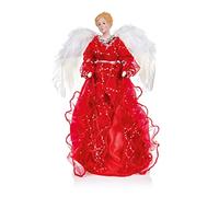 45cm Red-Silver Angel Tree Topper w Feather Wings in Box