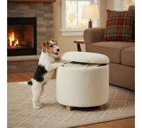 45Cm Storage Footstool, Cream White Teddy Boucle Upholstered Ottoman Stool, Padded Vanity Stool, Froppi Round Footrest Stool