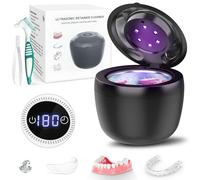 45KHz Ultrasonic Holder Cleaner, 200ml Denture Cleaner, 4 Modes with Digital Timer, Mouth Guard Cleaner, Night Protection Cleaning Pad for Aligners, Braces, Jewelry (Dark Black)