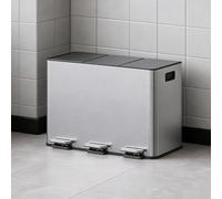 45L Triple Kitchen Bin, 3-in-1 Stainless Steel Recycling Bin for Waste Separation, Large 3 Compartment Rubbish Bin with Soft-Close Lids, 3 x 15L Removable Inner Buckets & Foot Pedals for Recycling -Si
