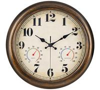 45MinST 13-Inch Vintage Outdoor Wall Clock with Thermometer and Hygrometer, Waterproof, Large Numbers, Silent, for Indoor and Outside Use,Porch,Garden,Pool(Bronze)