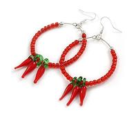45mm Red Glass Bead with Chilly Charms Oval Hoop Earrings in Silver Tone - 80mmL
