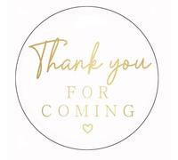45mm Round White Thank You for Coming Shiny Metallic Gold Print Stickers with Heart - Party Favour Labels (Pack of 50)