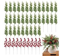 45PCS Christmas Artificial Pine Branches, Faux Norfolk Pine Stems with Red Berry Stems, Fake Christmas Greenery Stems, Reusable Artificial Christmas Foliage, DIYs Vase Filler Decoration